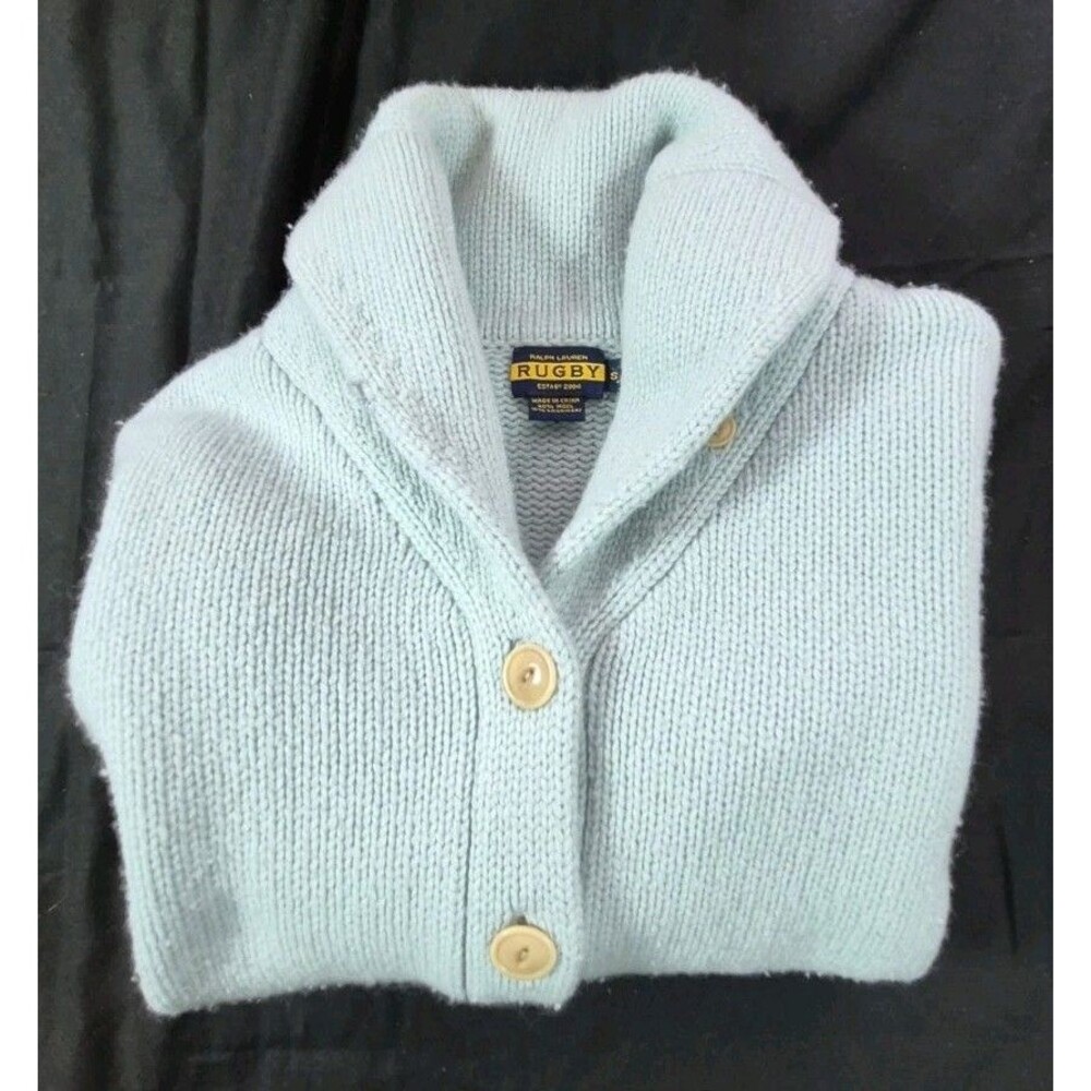 Vtg Y2K Ralph Lauren Rugby Shawl Neck Cardigan Womens Size S Blue Wool/Cashmere